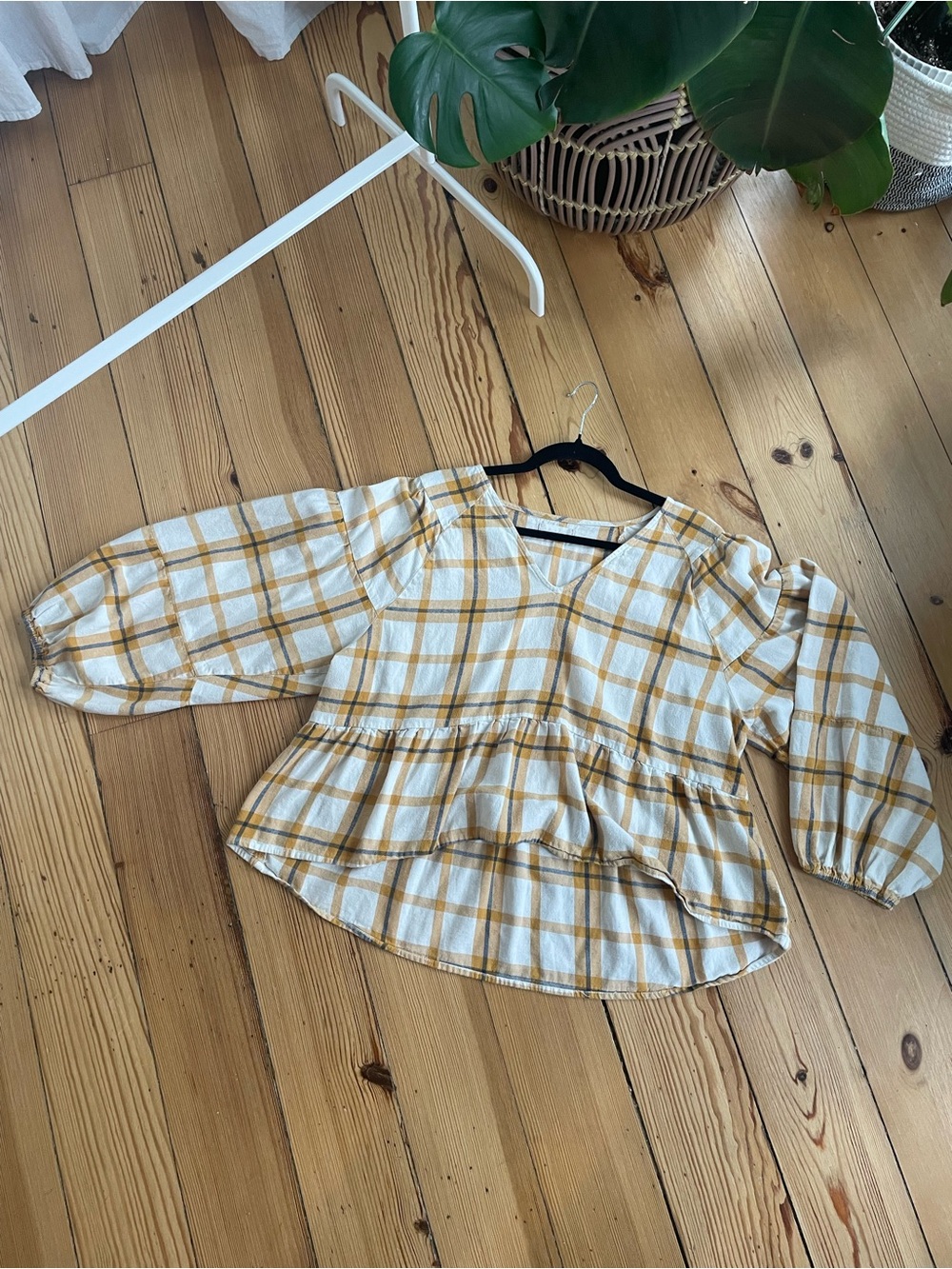 Altar'd State Mustard & White Plaid Peplum Top